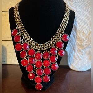 Statement Necklace Lotsa Red Circles Gold Tone Costume Bib